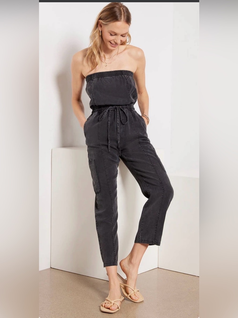 Evereve Emery Strapless Cargo Jumpsuit in Washed Black Like New